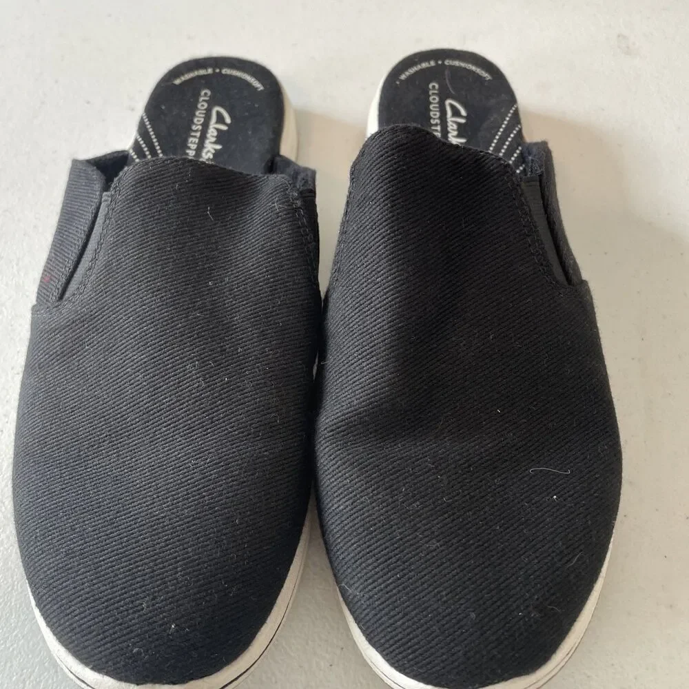 Clarks Cloudsteppers Breeze Shore Black Canvas Slip On Mule Shoes Size 8.5 M
